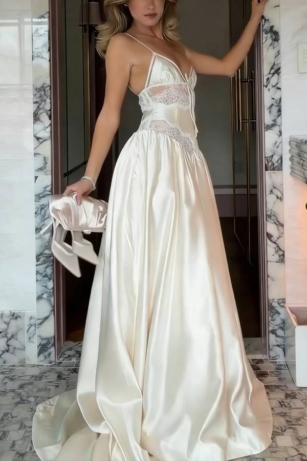 Delicate and Exquisite Satin Lace Patchwork Slip Bridal Gown Maxi Dress