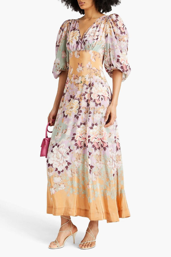 Best Garden Party Satin Colorful Floral Print Puff Sleeve Maxi Dress