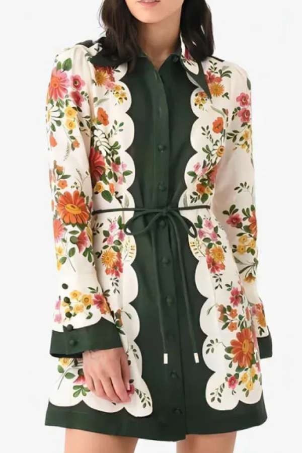 Botanical Floral Print Tie-waist Long-sleeved Single-breasted Mini Dress