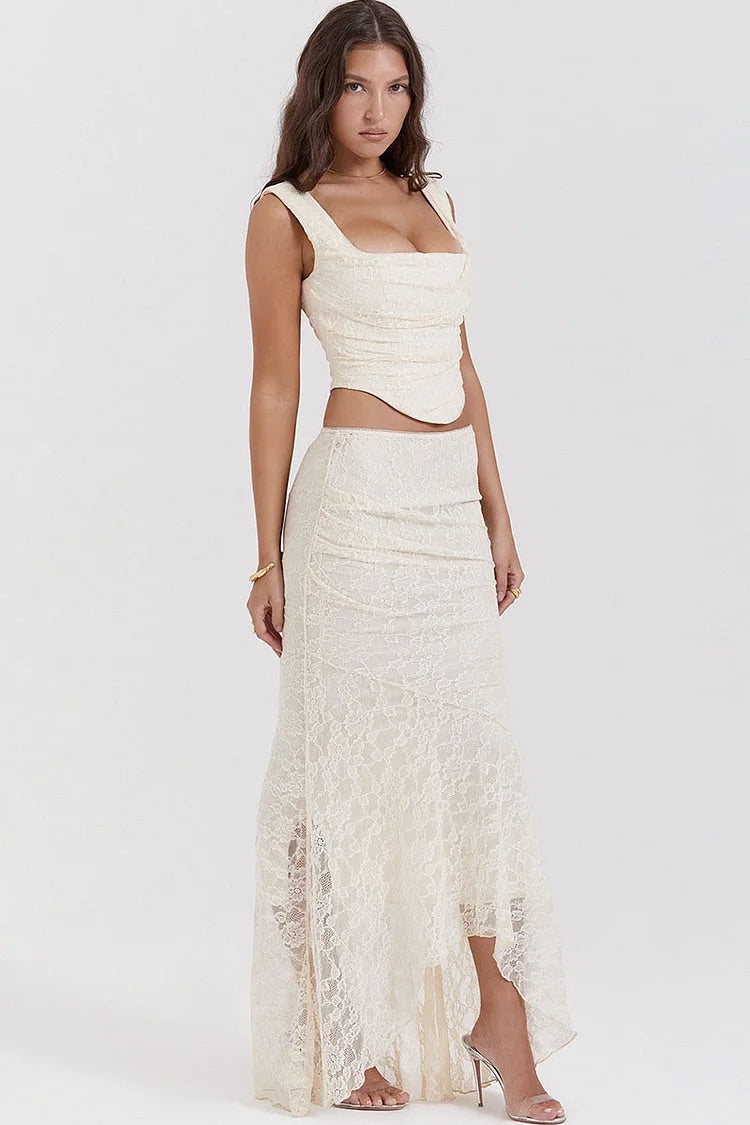 Ruched Crop Tank Top Lace Fishtail Hem Maxi Skirt Matching Set