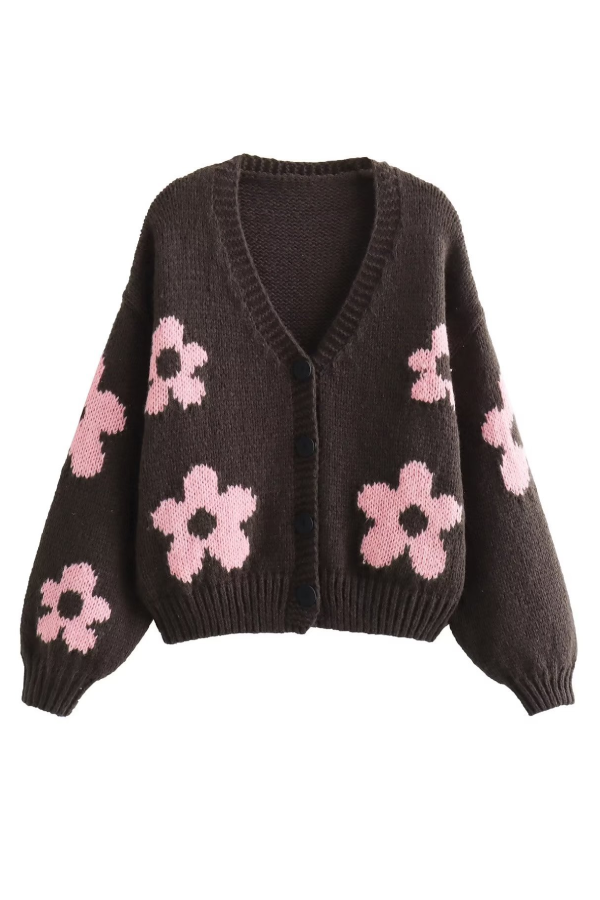 V-neck 3D Intarsia Lazy Style Knitted Sweater Coat