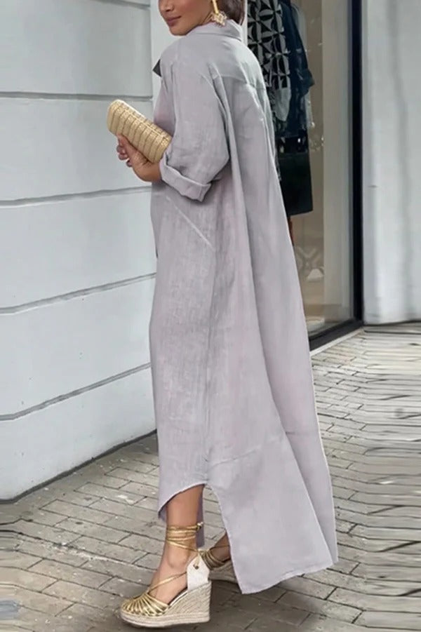 Linen Blend Solid Long Sleeve Buttoned Loose Shirt Style Maxi Dress