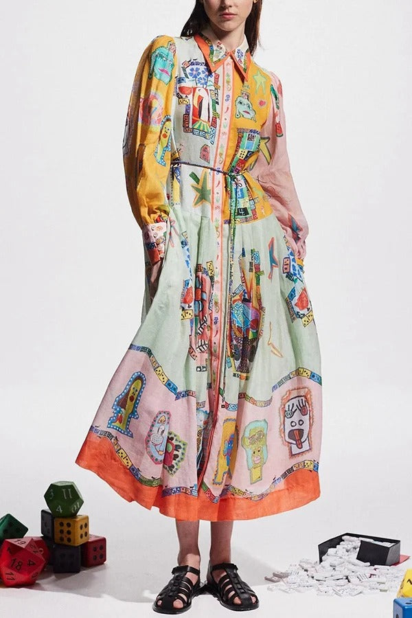 Set for Vacay Unique Print Colorblock Balloon Sleeve Belt Shirt Midi Dress