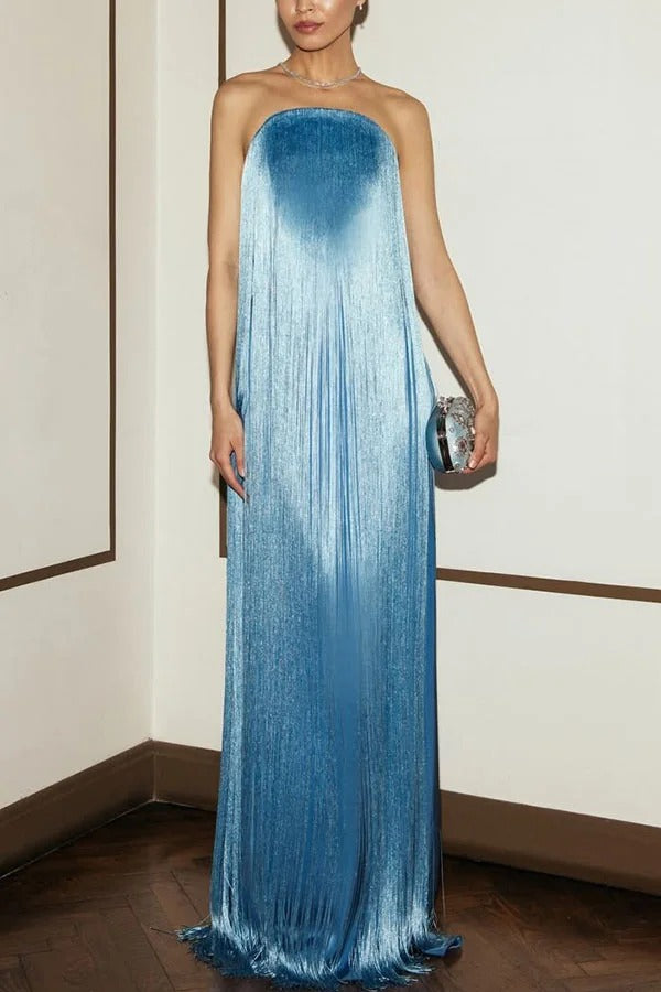 Dreamy Eye-catching Shiny Fringes Off Shoulder Floor-length Gown Maxi Dress