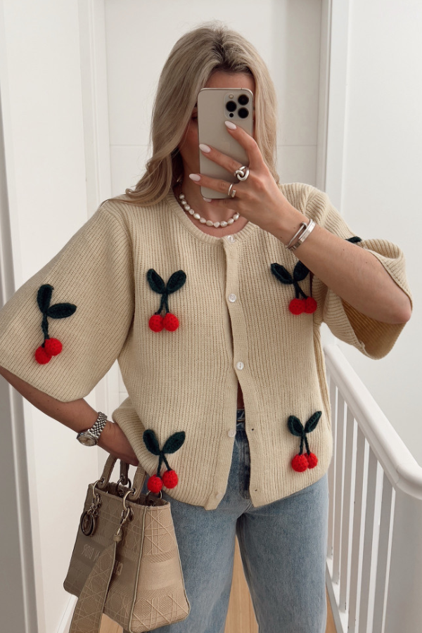 V-neck Cherry Embellished Cardigan Cropped Knitted Sweater