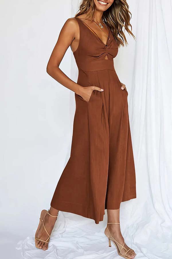 2023 SUMMER V NECK CUTOUT ADJUSTABLE STRAPS WIDE LEG JUMPSUITS