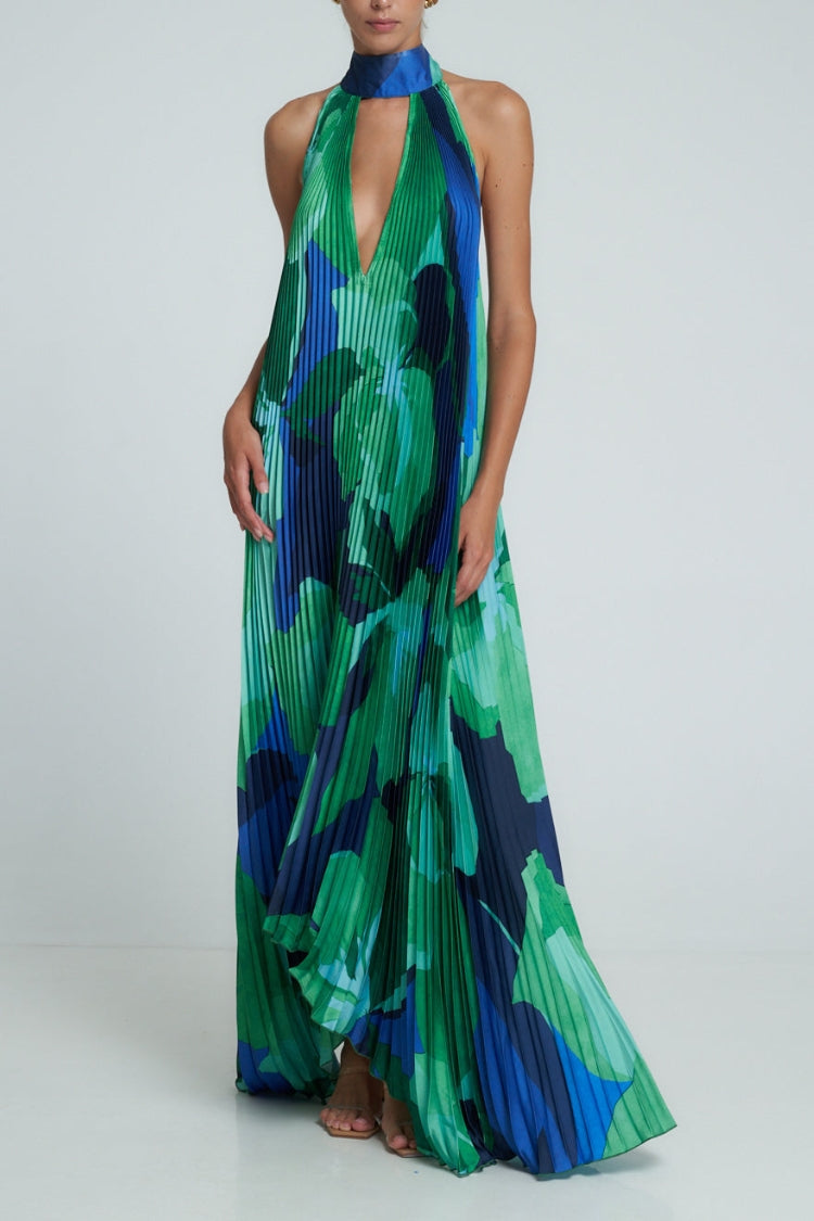 Opera Pleated Colorblock Camouflage Print Cutout Halter A-line Maxi Dress