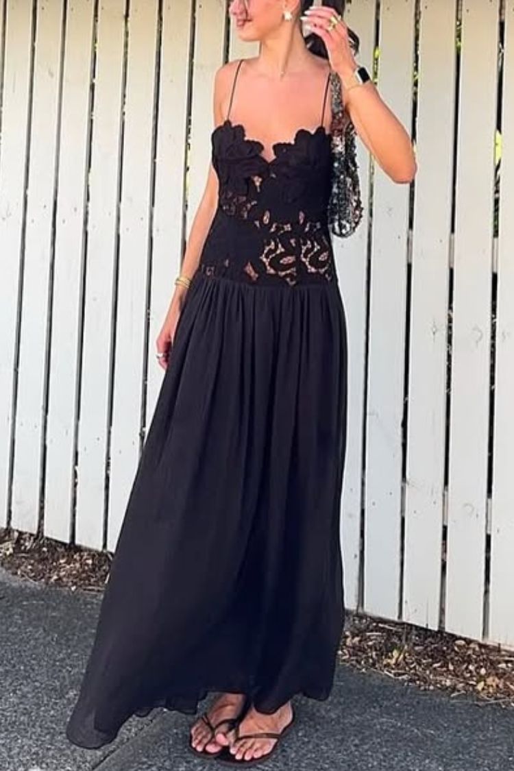 Stephanie Flower Crochet Lace Bust Chiffon Fluffy Hem Maxi Dress