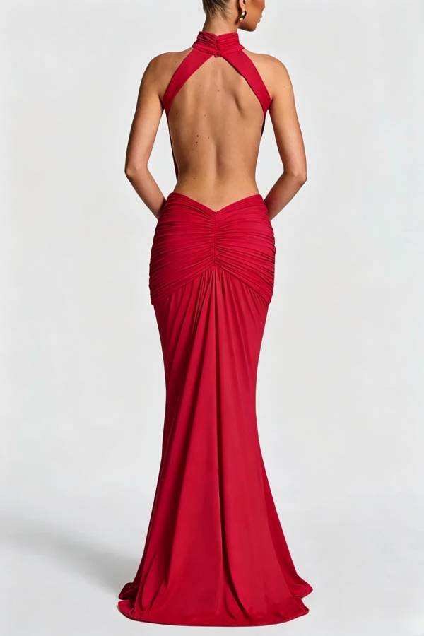 Thekla Stretch Slinky Jersey High Neck Ruched Backless Drape Maxi Dress