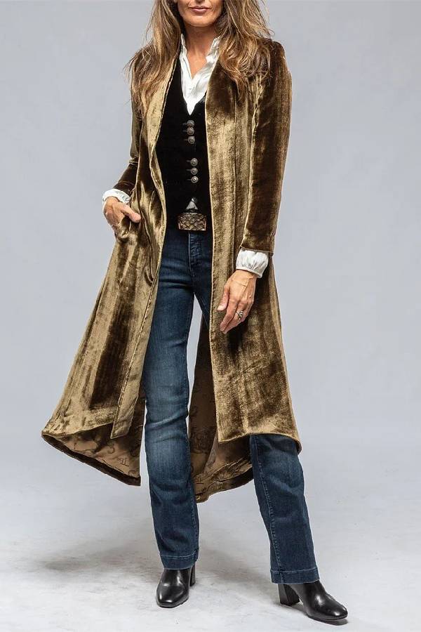 Vintage Velvet Long Loose Pocket Slit Coat