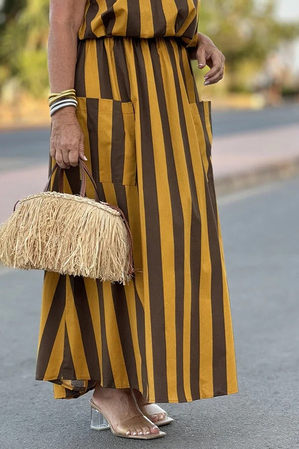 Harlow Striped Print Padded Shoulder Top and Elastic Waist Draped Pocket Maxi Skirt Set