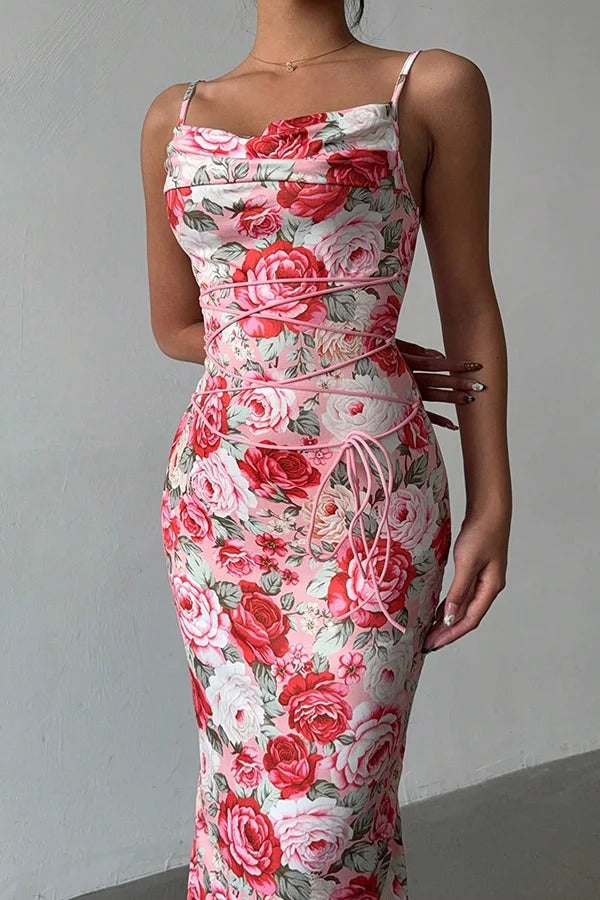 Floral Print Sexy Halter Back Slim Fit Lace Up Midi Dress