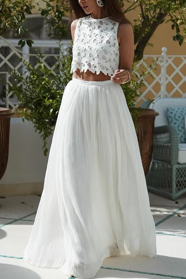 A White Summer Dream Chiffon Pleated High Rise Elastic Waist Maxi Skirt