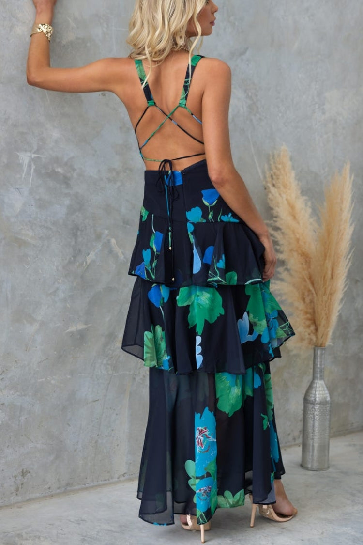 REFRESHING FLORAL PRINT BACK LACE-UP MULTI-TEIR RUFFLE HEM MAXI DRESS