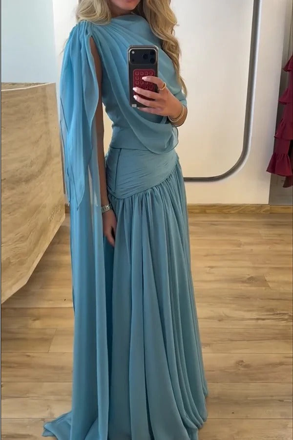 Solana Draped Sheer Cape Top and High Waist Pleated Slit Maxi Skirt Set