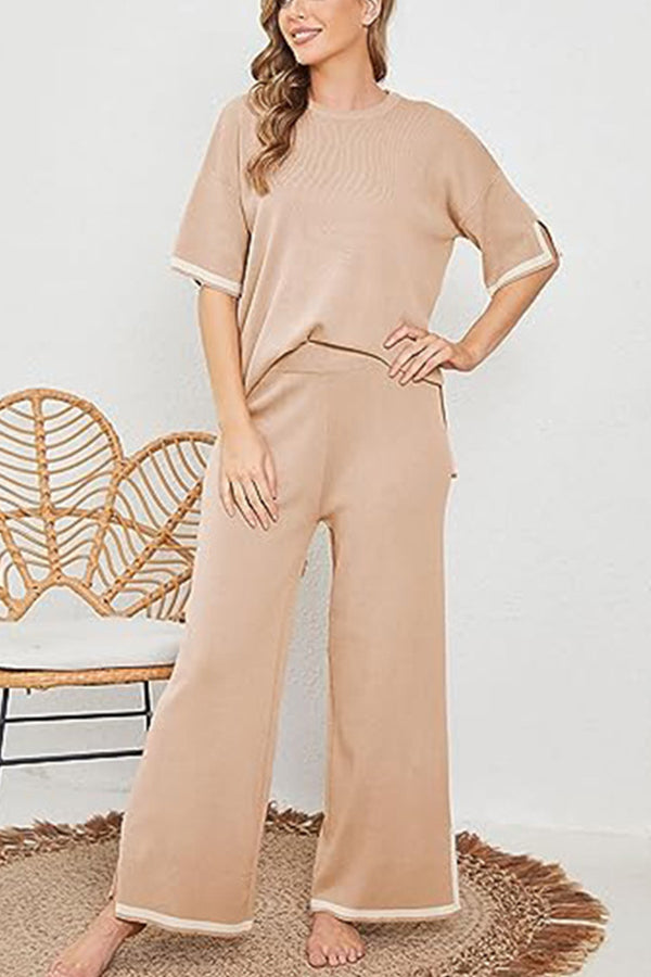 Lounge or Casual Wear Knit Patchwork Color Block Short Sleeve Top and Elastic Wide Leg Pants