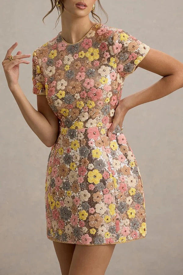 Stretch-Minikleid im 80er-Jahre-Stil mit Blumendruck und Pailletten