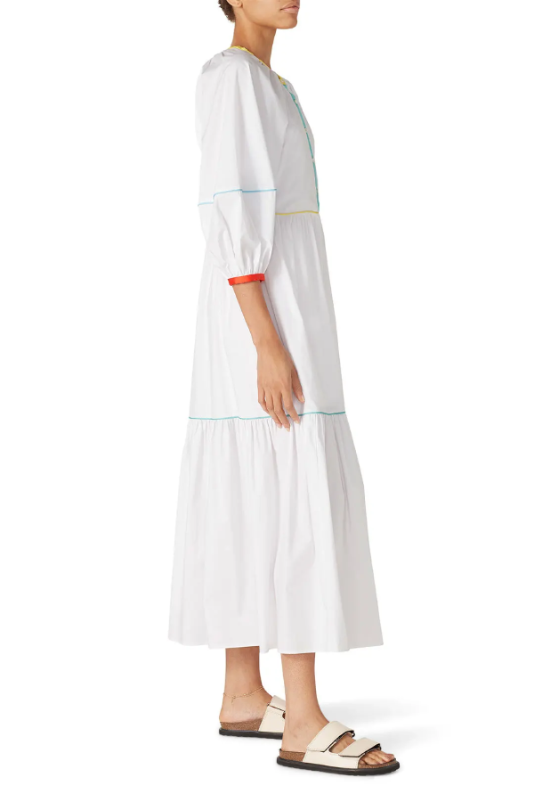 White Cotton Poplin Puff Sleeve Loose Mid-length Dress