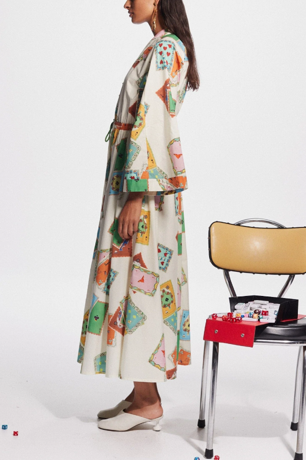 Poker Card Print Tie-Waist Long Shirt Dress