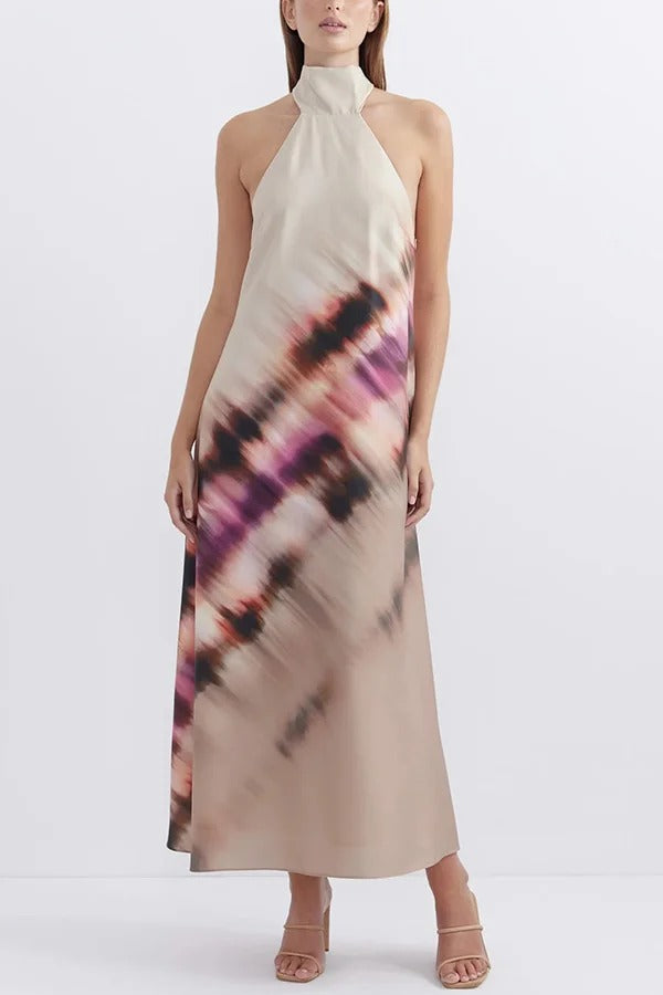 Unique Printed Halterneck Lace Up Backless Maxi Dress