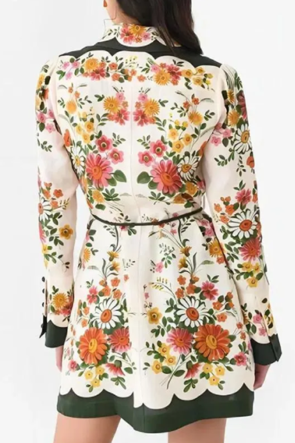 Botanical Floral Print Tie-waist Long-sleeved Single-breasted Mini Dress