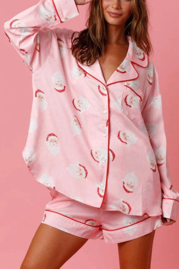 Dear Santa Satin Printed Elastic Waist Pocket Pajama Shorts Set