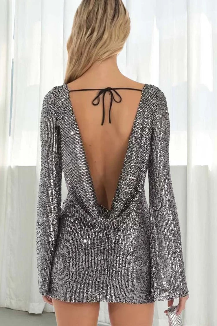 Sequins Long Sleeve Backless Slim Fit Cocktail Party Mini Dresses