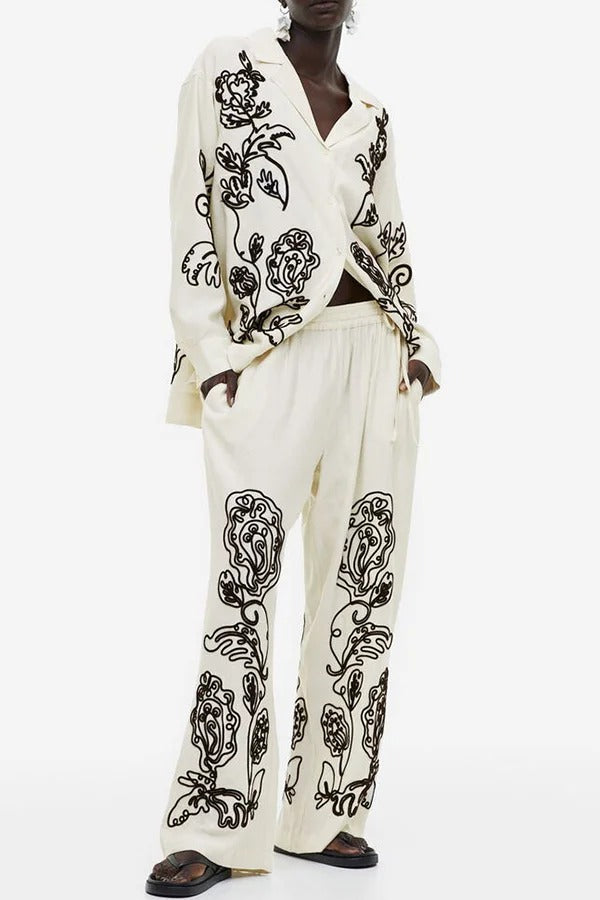 Bella Linen Blend Embroidered Floral Print Long Sleeve Loose Shirt and Elastic Waist Pocket Pants Set