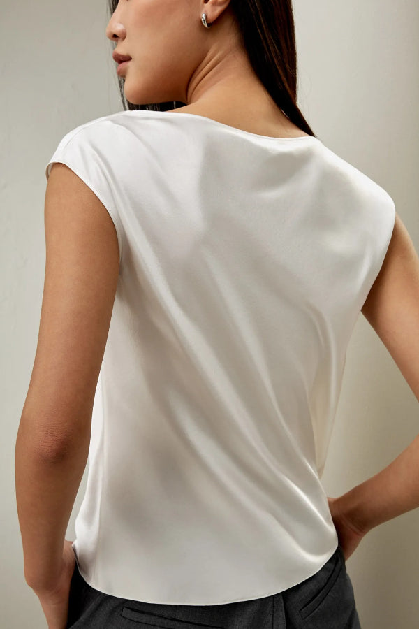 Pearly Luster Satin Cowl Neck Short Sleeve Loose Top