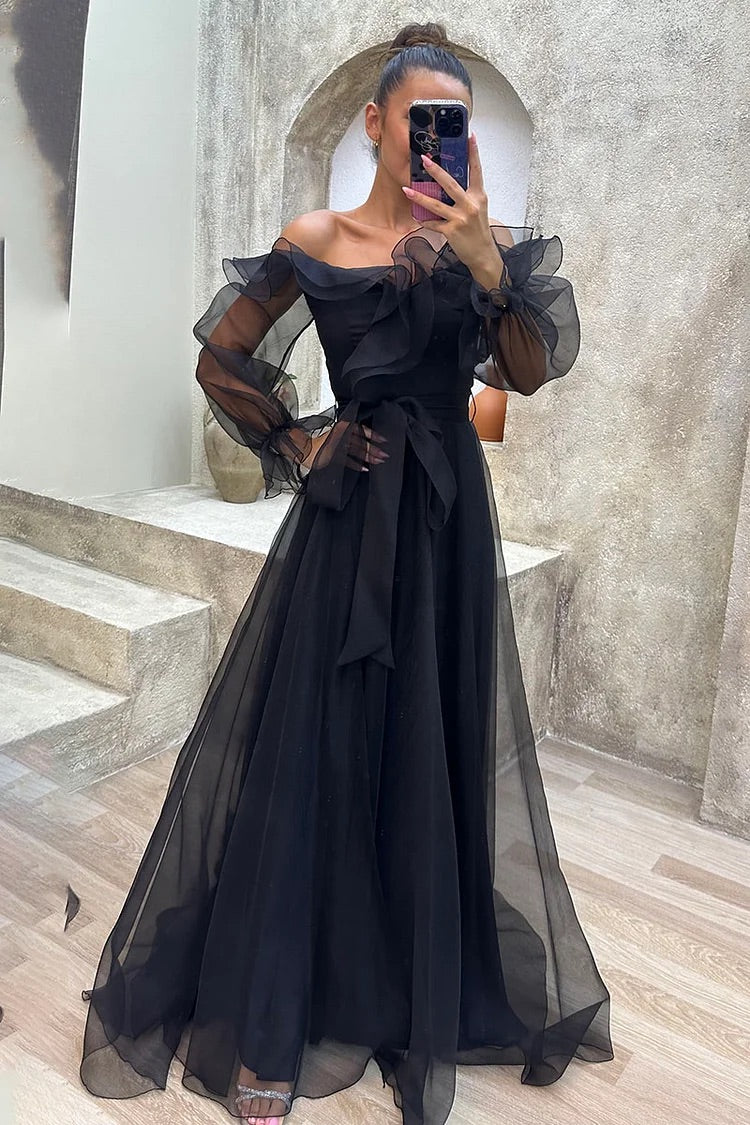 Tulle Off Shoulder Tie Waist Maxi Gown Dresses