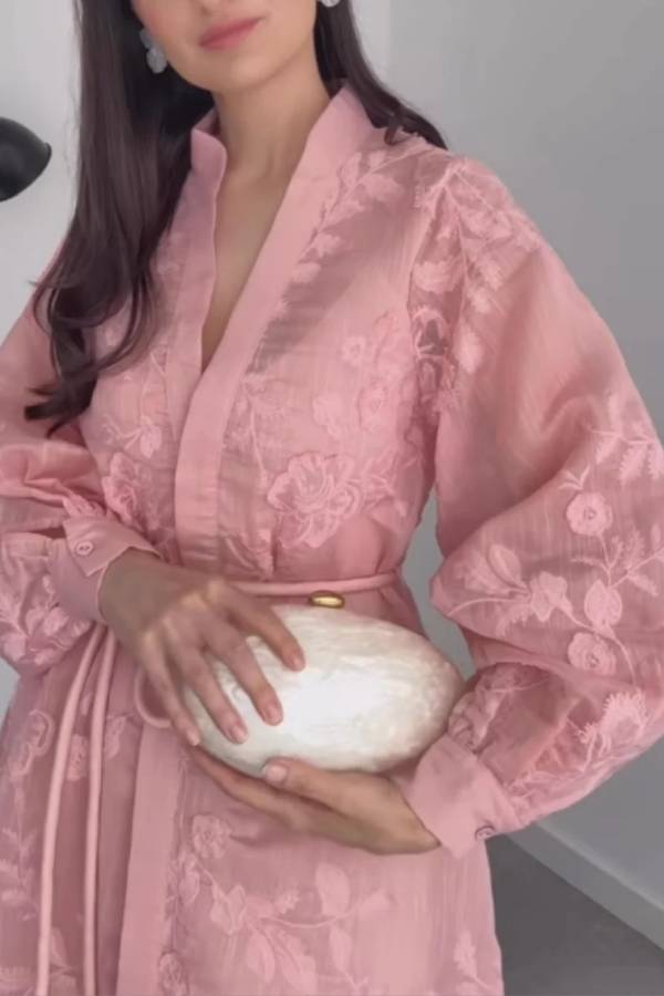 Fantasy Jacquard Long Sleeve Button Dress