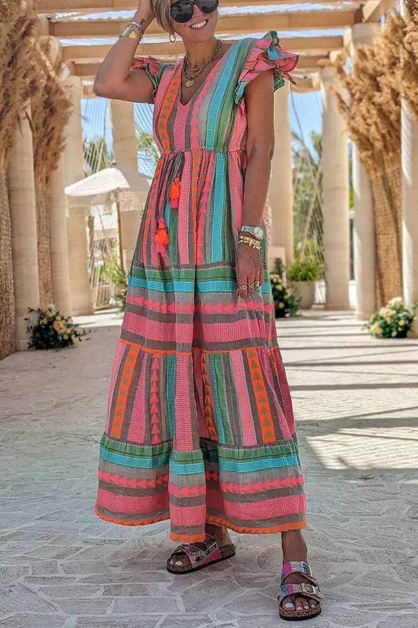 Sunlit Magic Linen Blend Ethnic Print Ruffle Sleeve Tassel Maxi Dress