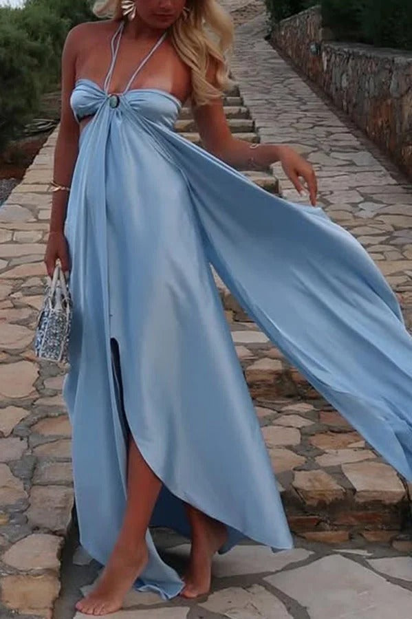 Cinderella Dream Satin Stone Ring Detail Cutout Halter Drape Maxi Dress