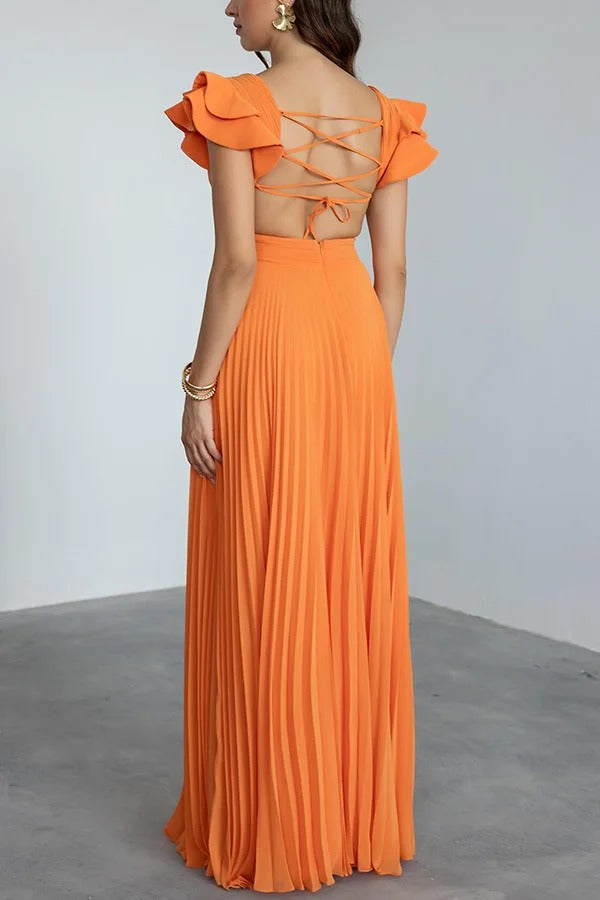 Seville Pleated Layered Ruffle Sleeve Cutout Back Lace-up Maxi Dress