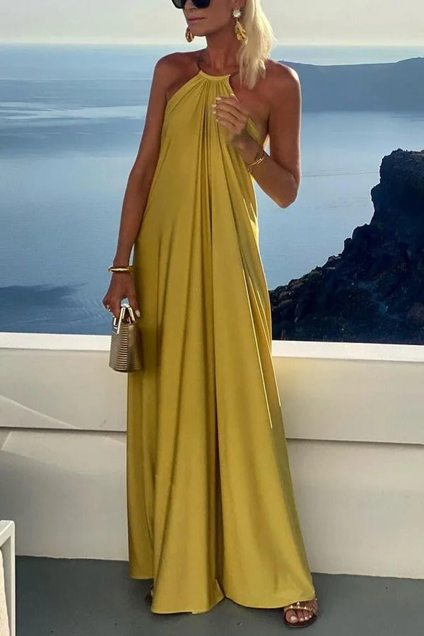 Solid Color Resort Style Halter Neck Open Back Large Hem Maxi Dress