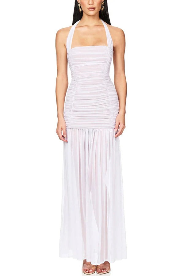 Chic Demeanor Mesh Overlay Ruched Halter Slit Stretch Maxi Dress