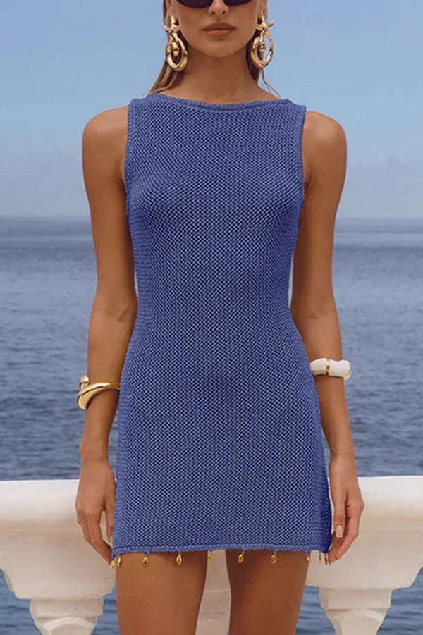 Beach Club Knit Shell Hardware Tassel Hem Tank Mini Dress