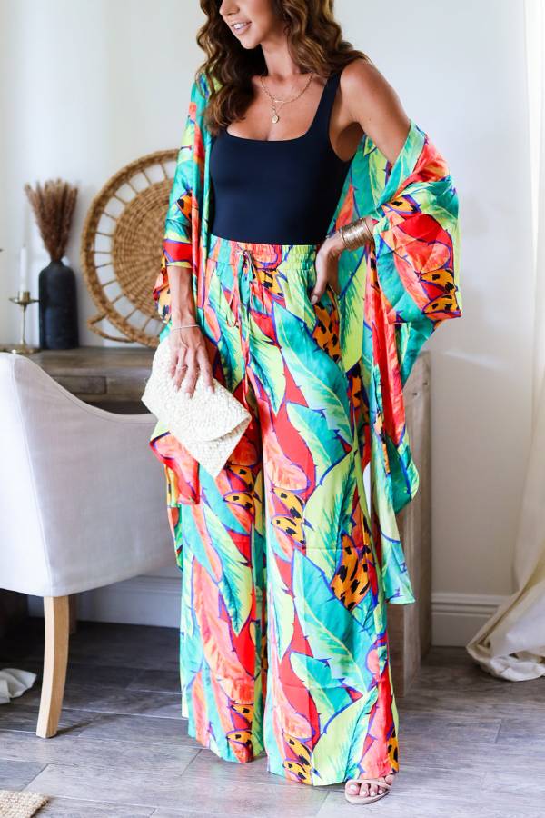 Resort long cardigan and trousers printed two-piece set