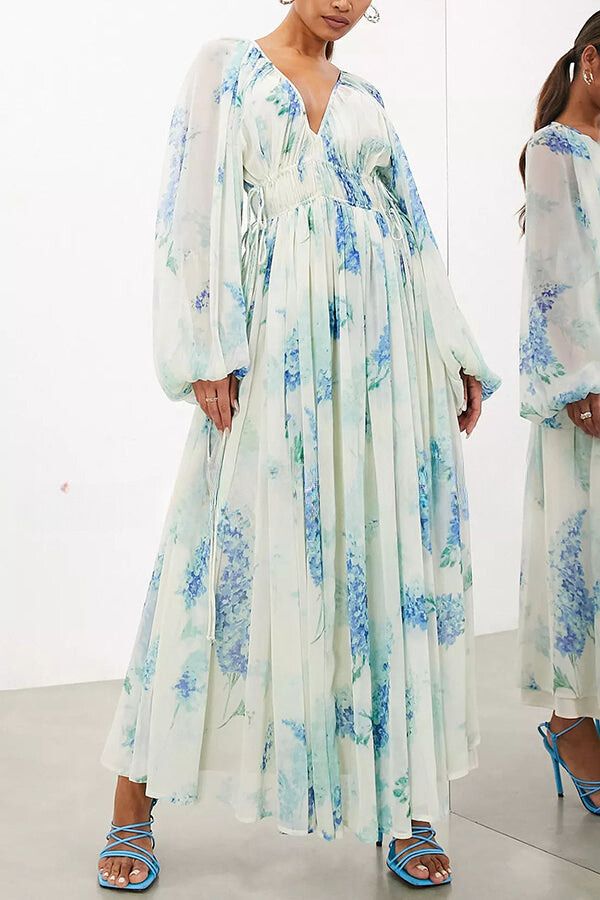 HEADED TO THE OCEAN CHIFFON FLORAL DRAWSTRING WAIST MAXI DRESSES