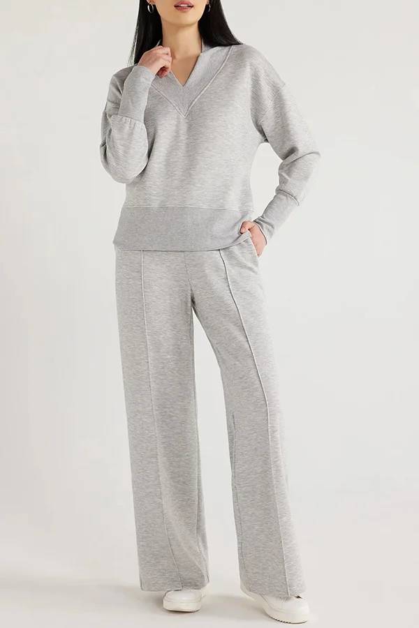 Weather Gets Cold Solid Color V-neck Top and Elastic Waist Pocketed Lounge Pants Set