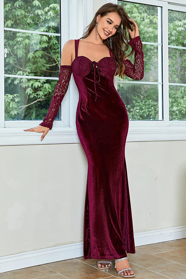 Cherley Cold Shoulder Lace Sleeve Bodycon Velvet Formal Party Maxi Dresses