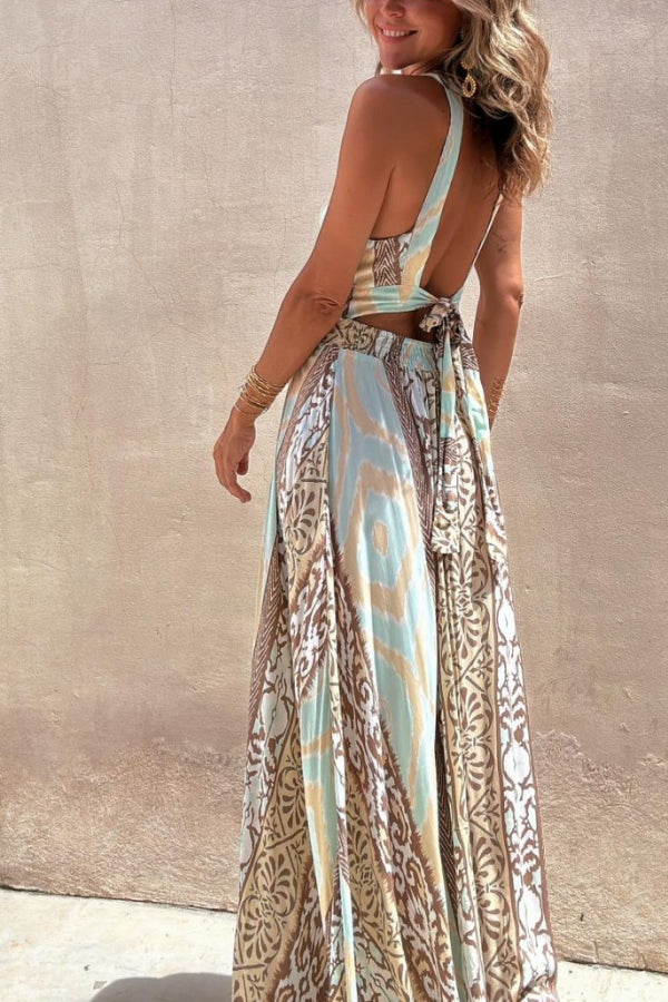 Kalena Unique Color Block Print Halter Elastic Waist Tie-Up Maxi Dress