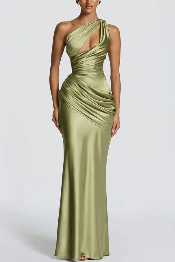 Emina Satin One Shoulder Asymmetrical Neck Cutout Back Lace-up Drape Maxi Dress