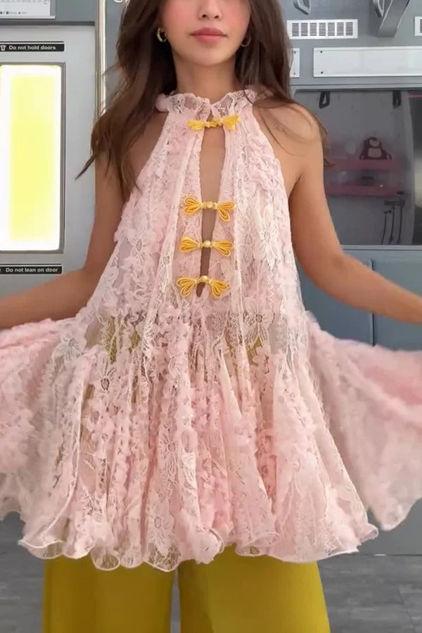 Cheongsam Style Lace Stand Neck Knots Button Ruffle Flare Hem Top