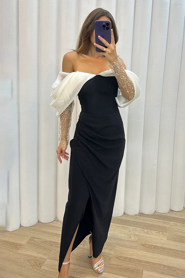 Elegant Off Shoulder Rhinestone Long Sleeve Colorblock Formal Party Maxi Dresses-Black