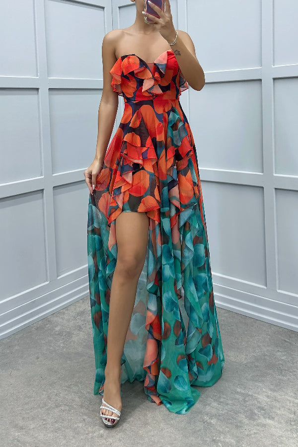 Loving Moment Gradient Unique Print Flowing Layered Ruffles Strapless Slit Maxi Dress