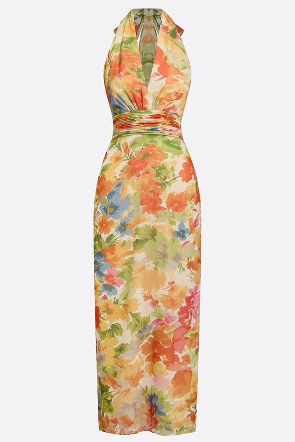 Lauria Chiffon Floral Print Ruched Waist Halter Tie-up Neck Backless Maxi Dress