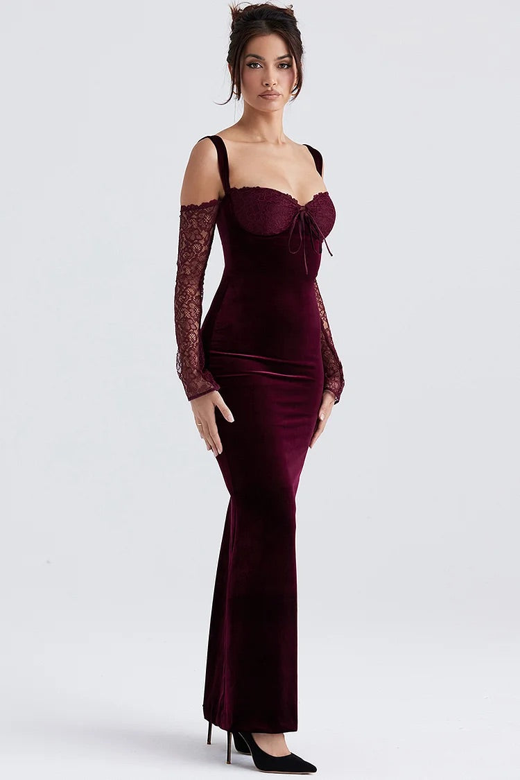 Cold Shoulder Lace Sleeve Bodycon Velvet Formal Party Maxi Dresses