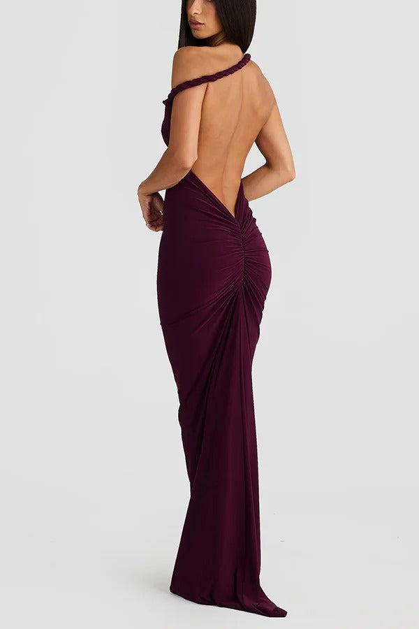 Sexy Halter Neck Open Back Ruched Slim Fit Maxi Dress