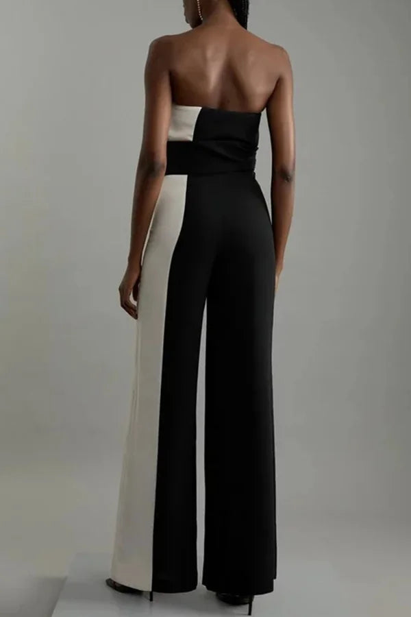 Fashionable for Formal Color Block Tie-up Bandeau Wide Leg Jumpsuit